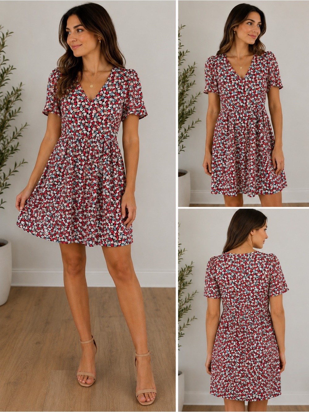 Ann Taylor Factory Petite 2P Floral Dress Red Pink Blue Fit Flare V Neck